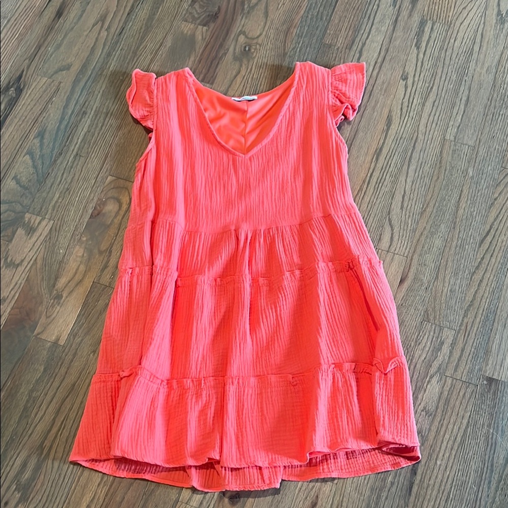 Vibrant Coral Ruffle Sleeve Dress